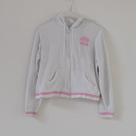 AEROPOSTALE White Terrycloth Zip Up Hooded Sweater | Size M - Picture 1 of 7